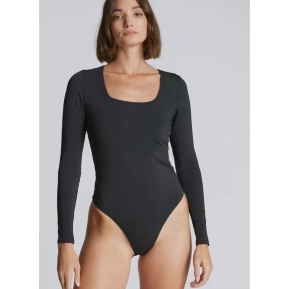 Everlane The Long-Sleeve Supima Square-Neck Black Bodysuit Comfy Size Medium - Picture 1 of 4